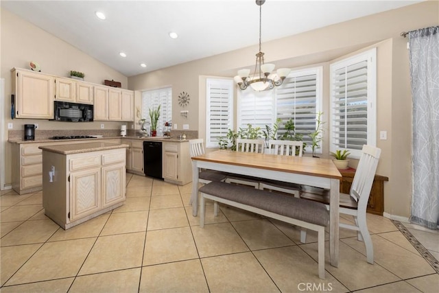 13161 Mugu Ct, Apple Valley, CA 92308 - kitchen featuring black appliances, a chandelier, light tile patterned floors, vaulted ceiling, and recessed lighting