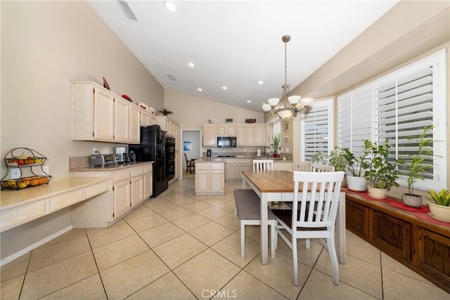13161 Mugu Ct, Apple Valley, CA 92308 - dining area with vaulted ceiling, a chandelier, light tile patterned floors, and recessed lighting