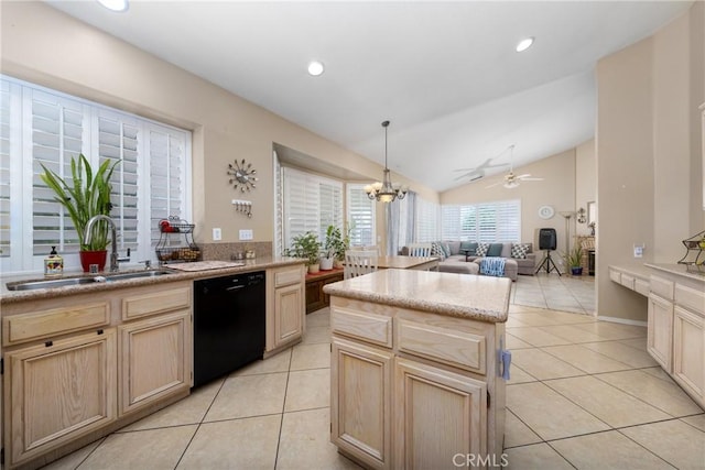 13161 Mugu Ct, Apple Valley, CA 92308 - kitchen featuring dishwasher, lofted ceiling, light brown cabinets, light tile patterned floors, and open floor plan