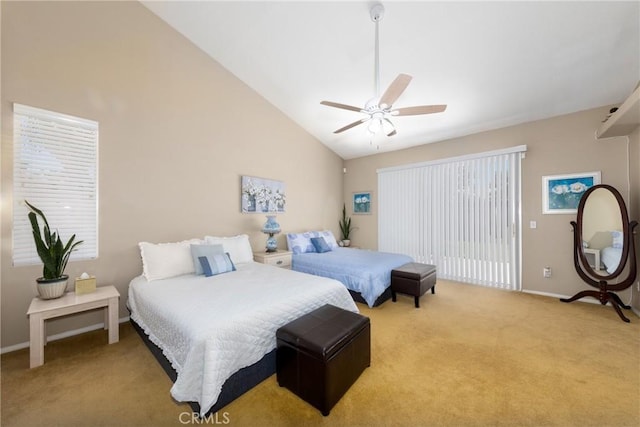 13161 Mugu Ct, Apple Valley, CA 92308 - bedroom featuring carpet, lofted ceiling, ceiling fan, and access to exterior