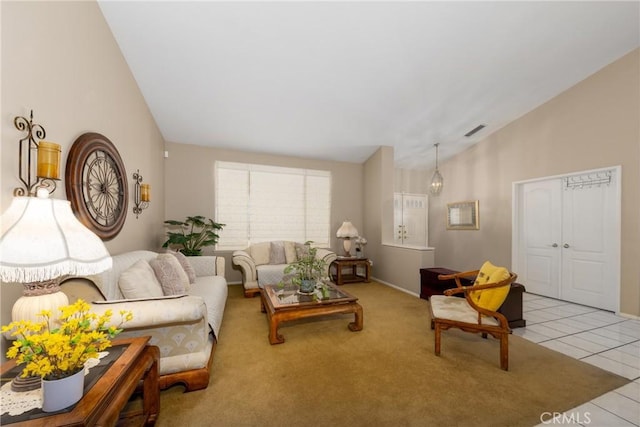 13161 Mugu Ct, Apple Valley, CA 92308 - living room featuring vaulted ceiling and tile patterned floors