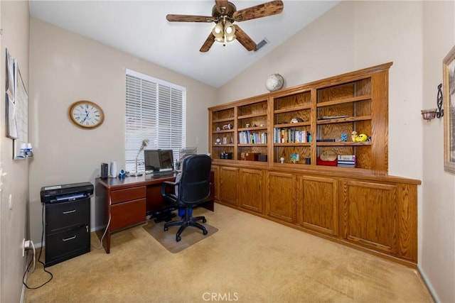 13161 Mugu Ct, Apple Valley, CA 92308 - home office featuring carpet flooring, a ceiling fan, and lofted ceiling