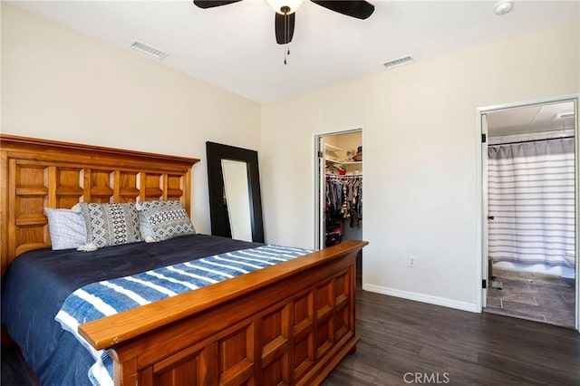 20000 Plum Canyon Rd Unit 1827, Saugus, CA 91350 - bedroom with dark wood-style flooring, a spacious closet, ensuite bath, a closet, and ceiling fan