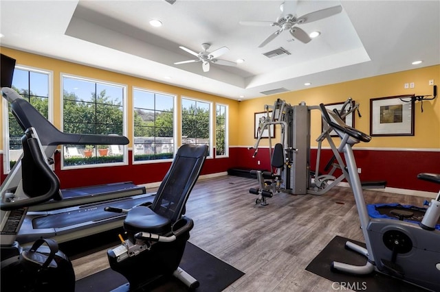 20000 Plum Canyon Rd Unit 1827, Saugus, CA 91350 - exercise room with a raised ceiling, ceiling fan, wood finished floors, and recessed lighting