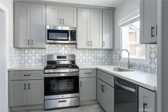 783 E Grand Ave, Pomona, CA 91766 - kitchen with stainless steel appliances, gray cabinetry, light countertops, and backsplash