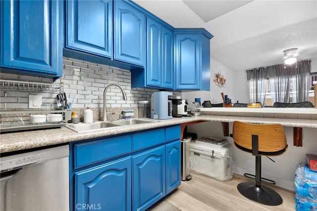 1110 Ohio Ave Unit 107, Long Beach, CA 90804 - kitchen with stainless steel dishwasher, blue cabinets, and decorative backsplash