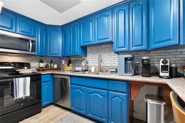 1110 Ohio Ave Unit 107, Long Beach, CA 90804 - kitchen featuring appliances with stainless steel finishes, blue cabinetry, tasteful backsplash, and light wood finished floors