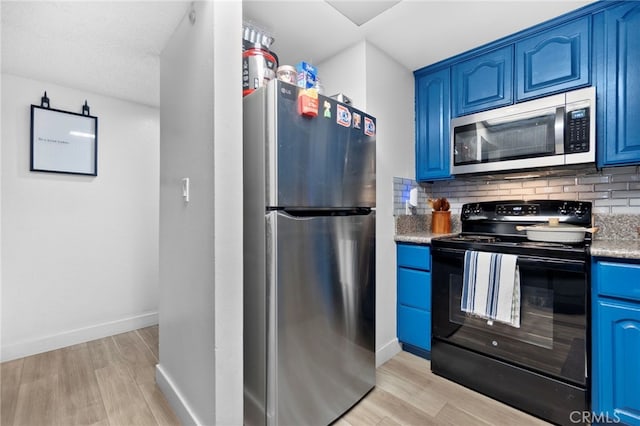 1110 Ohio Ave Unit 107, Long Beach, CA 90804 - kitchen with appliances with stainless steel finishes, blue cabinetry, light wood finished floors, and backsplash