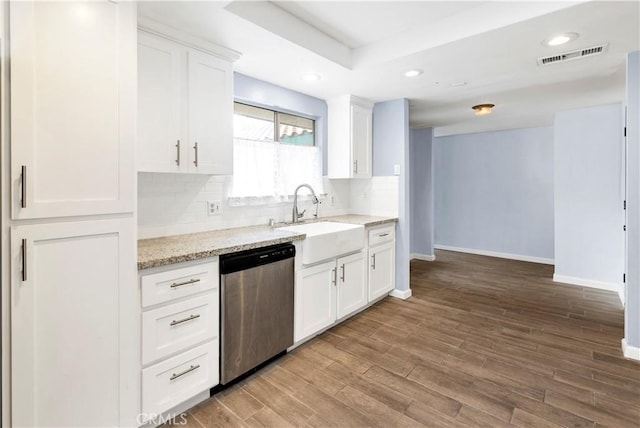 42397 Santiago Dr, Hemet, CA 92544 - kitchen featuring dishwasher, tasteful backsplash, wood finished floors, recessed lighting, and light stone counters