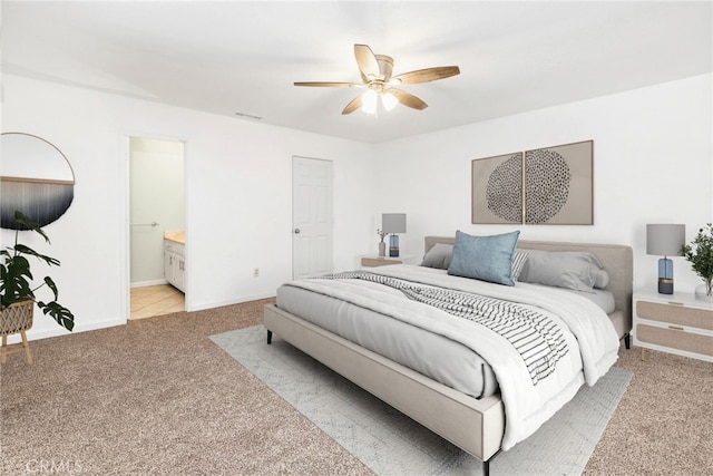 42397 Santiago Dr, Hemet, CA 92544 - bedroom with carpet, a ceiling fan, and ensuite bathroom