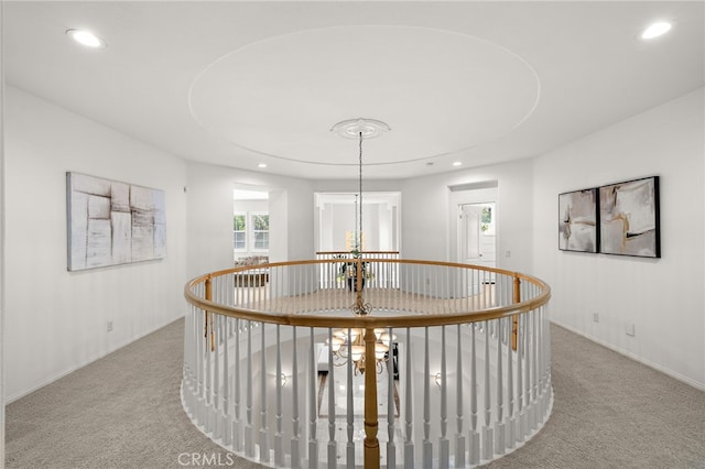 2189 Wind River Ln, Rowland Heights, CA 91748 - corridor featuring a chandelier, carpet, recessed lighting, plenty of natural light, and an upstairs landing