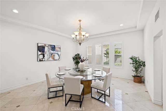 2189 Wind River Ln, Rowland Heights, CA 91748 - dining room featuring a chandelier, recessed lighting, light tile patterned flooring, and a tray ceiling