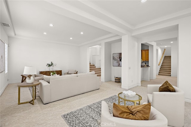 2189 Wind River Ln, Rowland Heights, CA 91748 - living room featuring stairs, recessed lighting, and light colored carpet