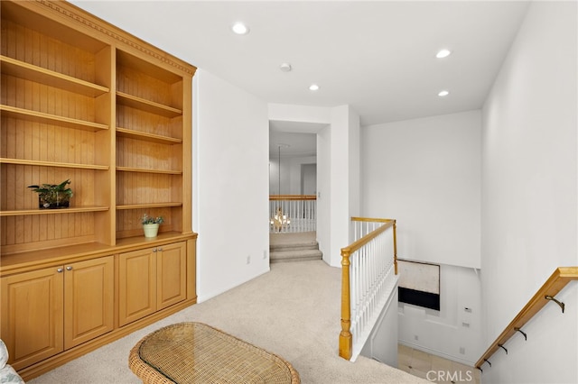 2189 Wind River Ln, Rowland Heights, CA 91748 - hall with an upstairs landing, light carpet, and recessed lighting