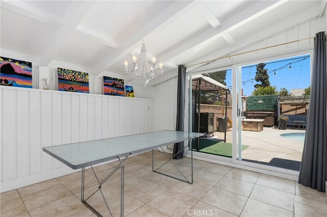 13708 El Espejo Rd, La Mirada, CA 90638 - unfurnished dining area featuring tile patterned floors and a chandelier