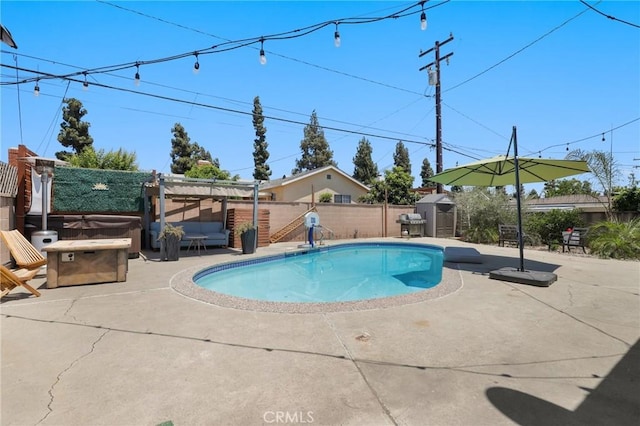 13708 El Espejo Rd, La Mirada, CA 90638 - view of pool featuring a patio area, a fenced backyard, a storage unit, and a covered hot tub