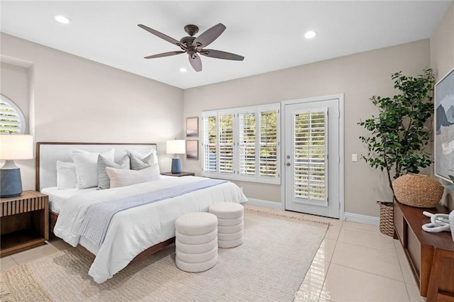 52 Anjou, Newport Coast, CA 92657 - bedroom with recessed lighting, access to exterior, light tile patterned floors, and a ceiling fan
