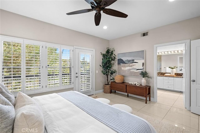 52 Anjou, Newport Coast, CA 92657 - bedroom with access to exterior, ensuite bath, recessed lighting, ceiling fan, and light tile patterned flooring
