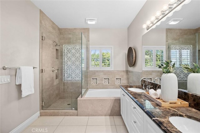 52 Anjou, Newport Coast, CA 92657 - full bathroom with tile patterned flooring, a bath, a shower stall, and double vanity