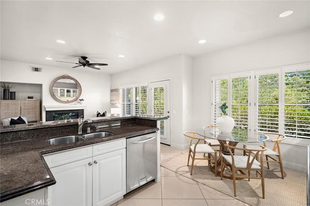 52 Anjou, Newport Coast, CA 92657 - kitchen with dishwasher, a ceiling fan, recessed lighting, open floor plan, and white cabinets