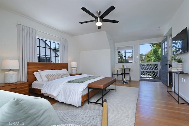5005 Los Feliz Blvd, Los Angeles, CA 90027 - bedroom with access to exterior, wood finished floors, and a ceiling fan