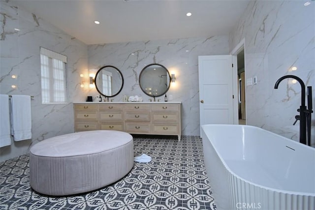 5005 Los Feliz Blvd, Los Angeles, CA 90027 - bathroom with a freestanding tub, double vanity, and tile walls