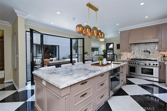 5005 Los Feliz Blvd, Los Angeles, CA 90027 - kitchen featuring appliances with stainless steel finishes, recessed lighting, tasteful backsplash, light stone counters, and ornamental molding