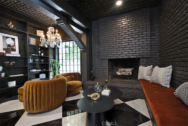 5005 Los Feliz Blvd, Los Angeles, CA 90027 - tiled living room with a brick fireplace, a chandelier, brick wall, and recessed lighting