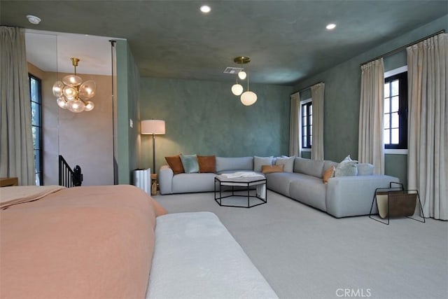 5005 Los Feliz Blvd, Los Angeles, CA 90027 - living area featuring a chandelier, carpet floors, and recessed lighting