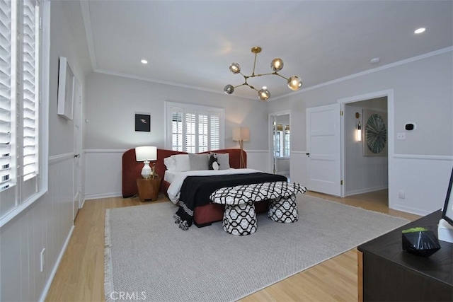 5005 Los Feliz Blvd, Los Angeles, CA 90027 - bedroom with crown molding, light wood finished floors, a chandelier, and recessed lighting