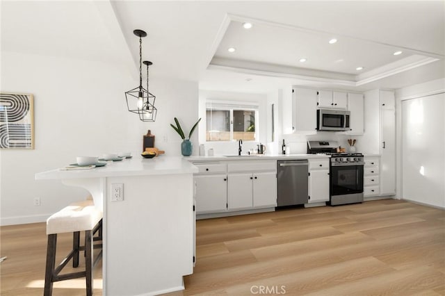 754 Manecita Cir, Perris, CA 92571 - kitchen with appliances with stainless steel finishes, a raised ceiling, a peninsula, light wood finished floors, and recessed lighting