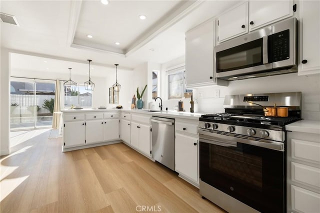 754 Manecita Cir, Perris, CA 92571 - kitchen featuring appliances with stainless steel finishes, a raised ceiling, light countertops, light wood-type flooring, and white cabinetry