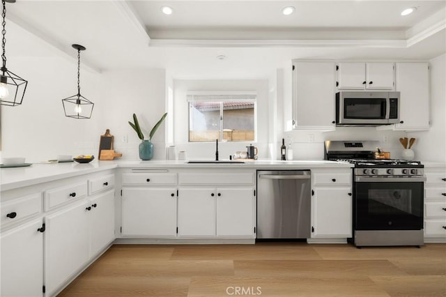 754 Manecita Cir, Perris, CA 92571 - kitchen with stainless steel appliances, a tray ceiling, white cabinetry, light wood finished floors, and recessed lighting