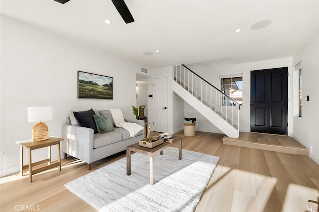 754 Manecita Cir, Perris, CA 92571 - living area featuring stairway, light wood-type flooring, recessed lighting, and a ceiling fan