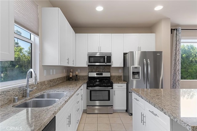 2651 W Lincoln Ave Unit 41, Anaheim, CA 92801 - kitchen with stainless steel appliances, healthy amount of natural light, white cabinets, light tile patterned flooring, and recessed lighting