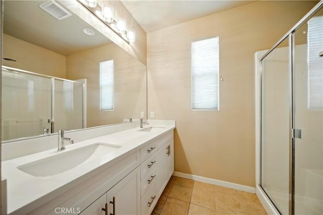 2651 W Lincoln Ave Unit 41, Anaheim, CA 92801 - bathroom with double vanity, a shower stall, healthy amount of natural light, and tile patterned flooring