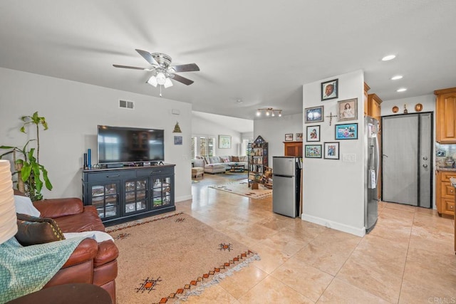 151 Camino Vista Real, Chula Vista, CA 91910 - living room featuring a ceiling fan, light tile patterned floors, and recessed lighting