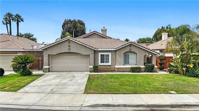 25780 Jumano Dr, Moreno Valley, CA 92551 - mediterranean / spanish-style house with a garage, stucco siding, driveway, a chimney, and a tile roof
