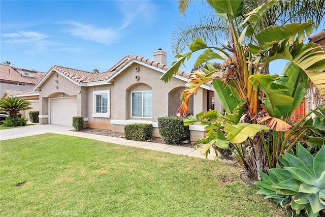 25780 Jumano Dr, Moreno Valley, CA 92551 - mediterranean / spanish home with a chimney, a tiled roof, stucco siding, an attached garage, and a front yard