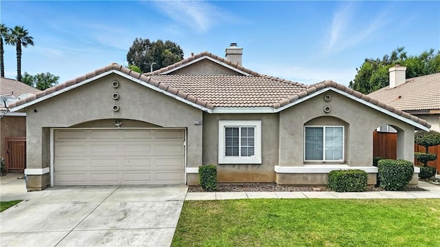 25780 Jumano Dr, Moreno Valley, CA 92551 - mediterranean / spanish home featuring a chimney, an attached garage, driveway, and a tile roof