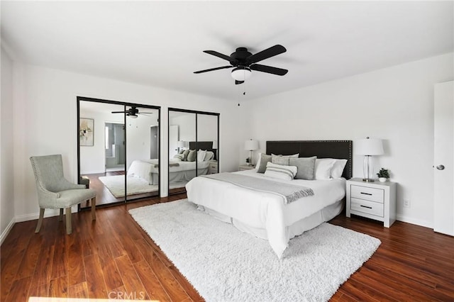 312 N Francisca Ave Unit 1, Redondo Beach, CA 90277 - bedroom with dark wood finished floors, two closets, and a ceiling fan