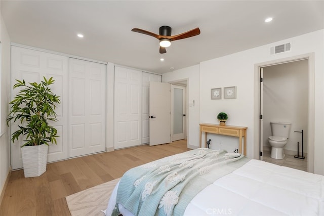 6032 Sun Knoll Cir, Yorba Linda, CA 92886 - bedroom with multiple closets, light wood-style flooring, connected bathroom, recessed lighting, and ceiling fan