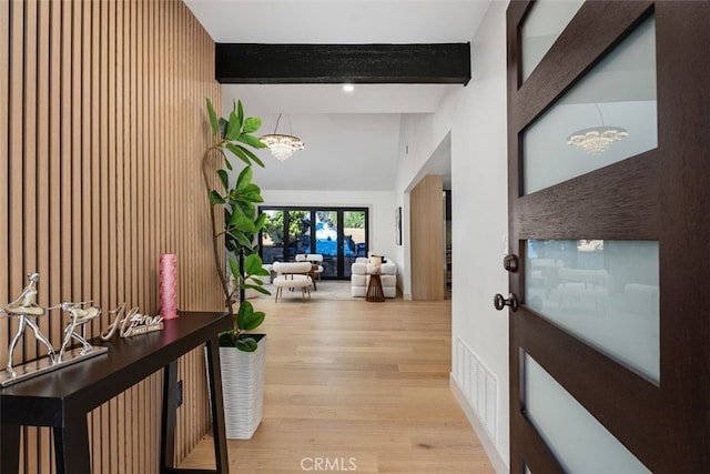 6032 Sun Knoll Cir, Yorba Linda, CA 92886 - hall featuring light wood finished floors, beamed ceiling, and a chandelier
