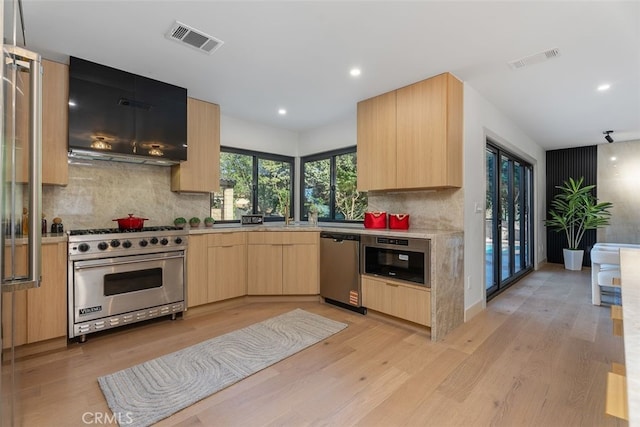 6032 Sun Knoll Cir, Yorba Linda, CA 92886 - kitchen featuring stainless steel appliances, light brown cabinetry, tasteful backsplash, light countertops, and recessed lighting
