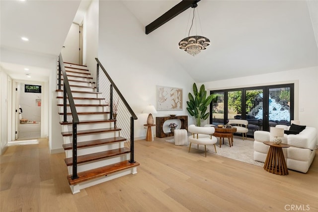 6032 Sun Knoll Cir, Yorba Linda, CA 92886 - stairs with high vaulted ceiling, wood finished floors, a chandelier, recessed lighting, and beam ceiling