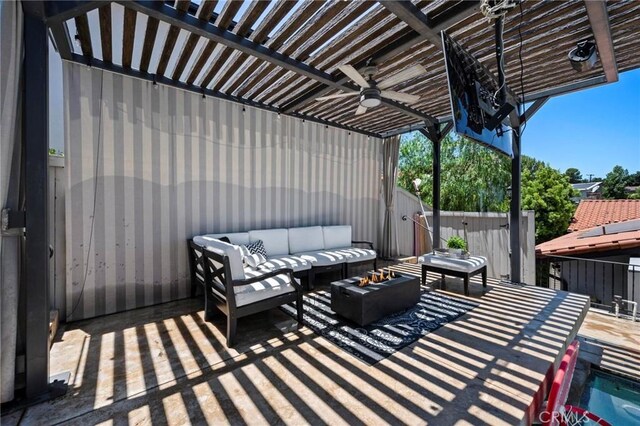 3532 Mesquite Dr, Calabasas, CA 91302 - view of patio / terrace with an outdoor hangout area, a ceiling fan, and a pergola