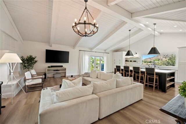 3532 Mesquite Dr, Calabasas, CA 91302 - living room featuring a chandelier, light wood finished floors, a wooden ceiling with exposed beams, high vaulted ceiling, and recessed lighting