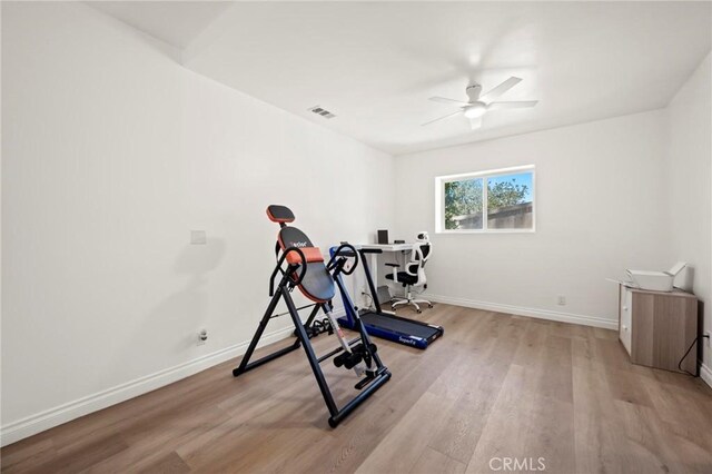 3532 Mesquite Dr, Calabasas, CA 91302 - exercise room featuring light wood-style flooring and ceiling fan