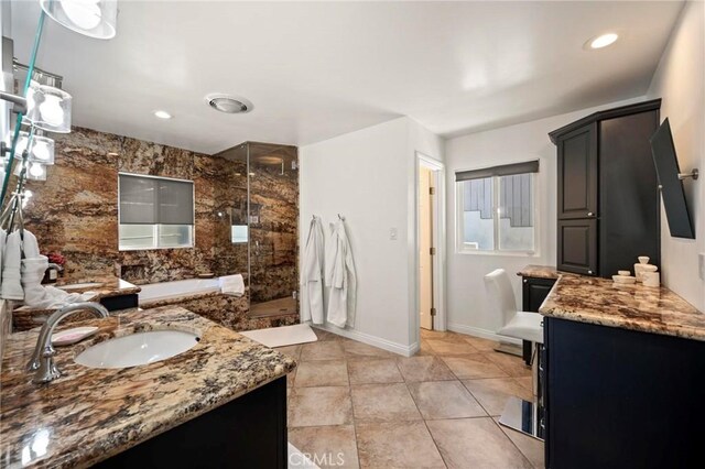 3532 Mesquite Dr, Calabasas, CA 91302 - full bath featuring a shower stall, a bath, tile patterned floors, vanity, and recessed lighting