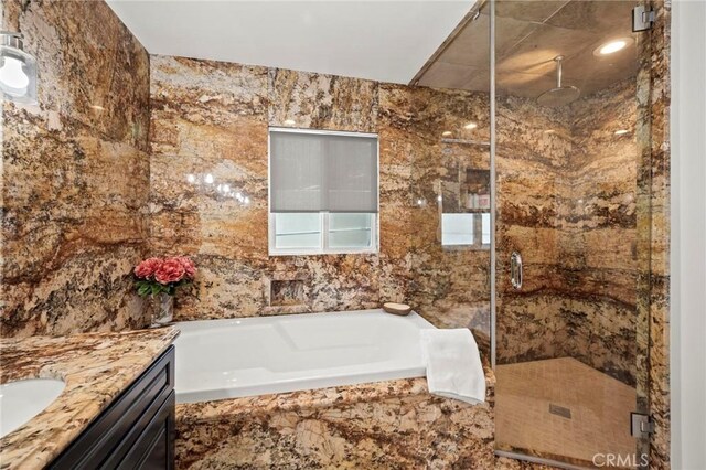 3532 Mesquite Dr, Calabasas, CA 91302 - bathroom featuring a bath, a shower stall, and vanity